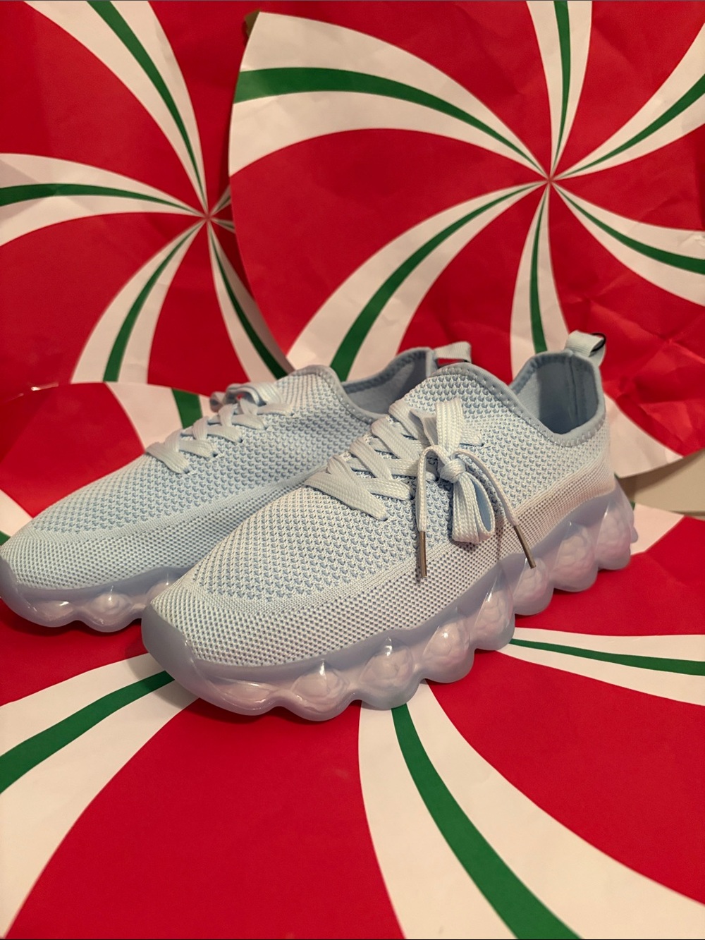 Women's Light Blue Knit Lace-Up Sneakers with Bubble Sole